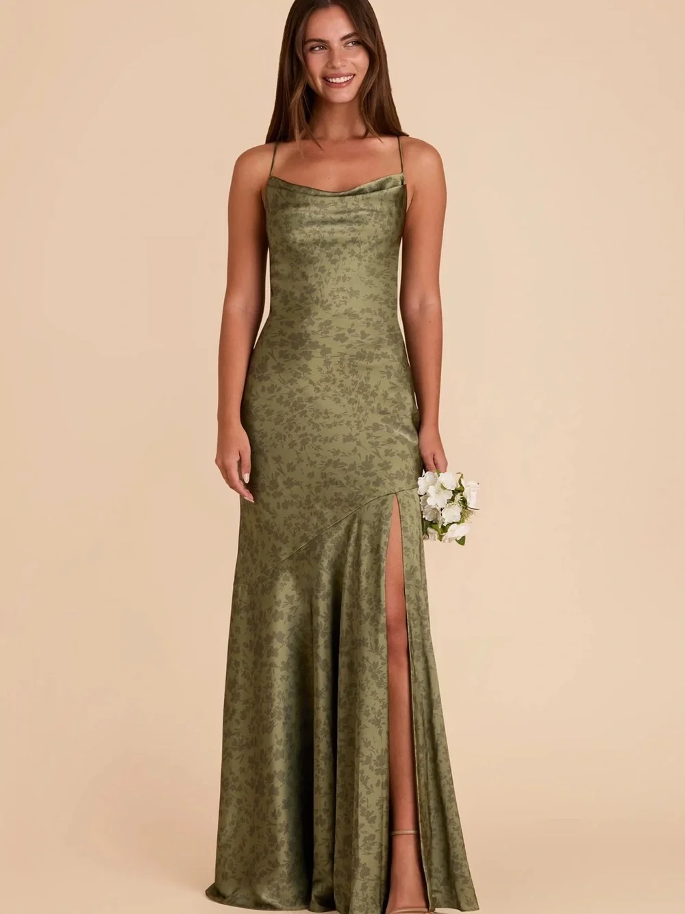 Birdy Grey Olive Green Floral Satin Cowl Neck Maxi Gown